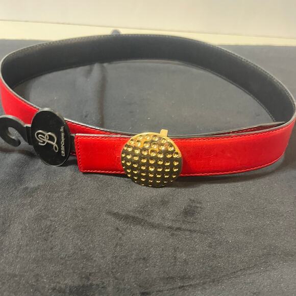 Women's Reversible Red & Black Italian Leather Belt XS Gold Golf Ball Buckle NWT - Picture 1 of 4